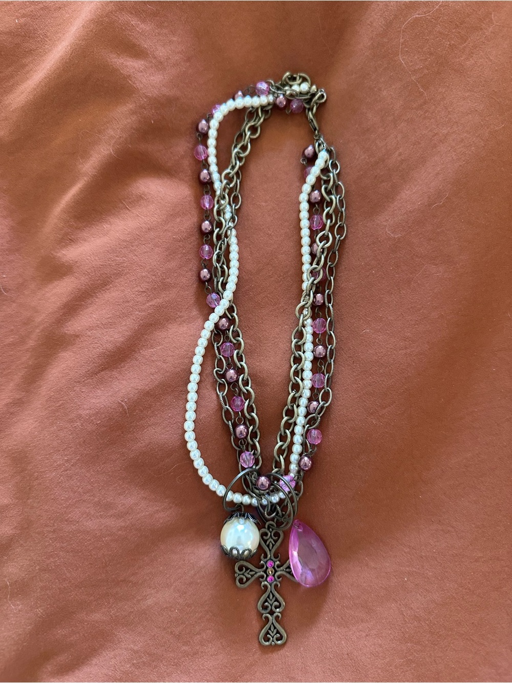 Multi-Strand Pink and Faux Pearl Beaded Cross Necklace